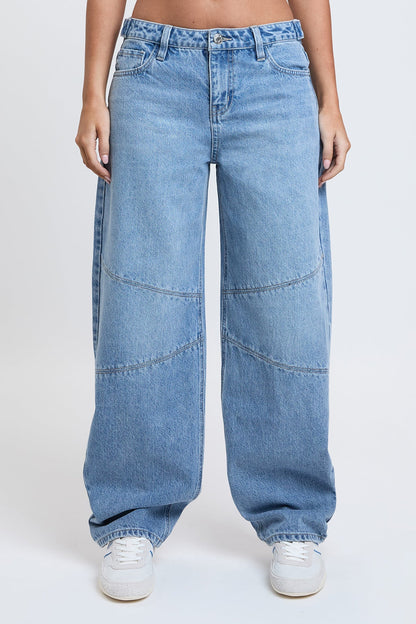 Women's Moto Relaxed Rise Baggy Barrel Jeans with Seam Detail in L Light Blue view 3 - Relaxed Fit - Womens Biker Jeans