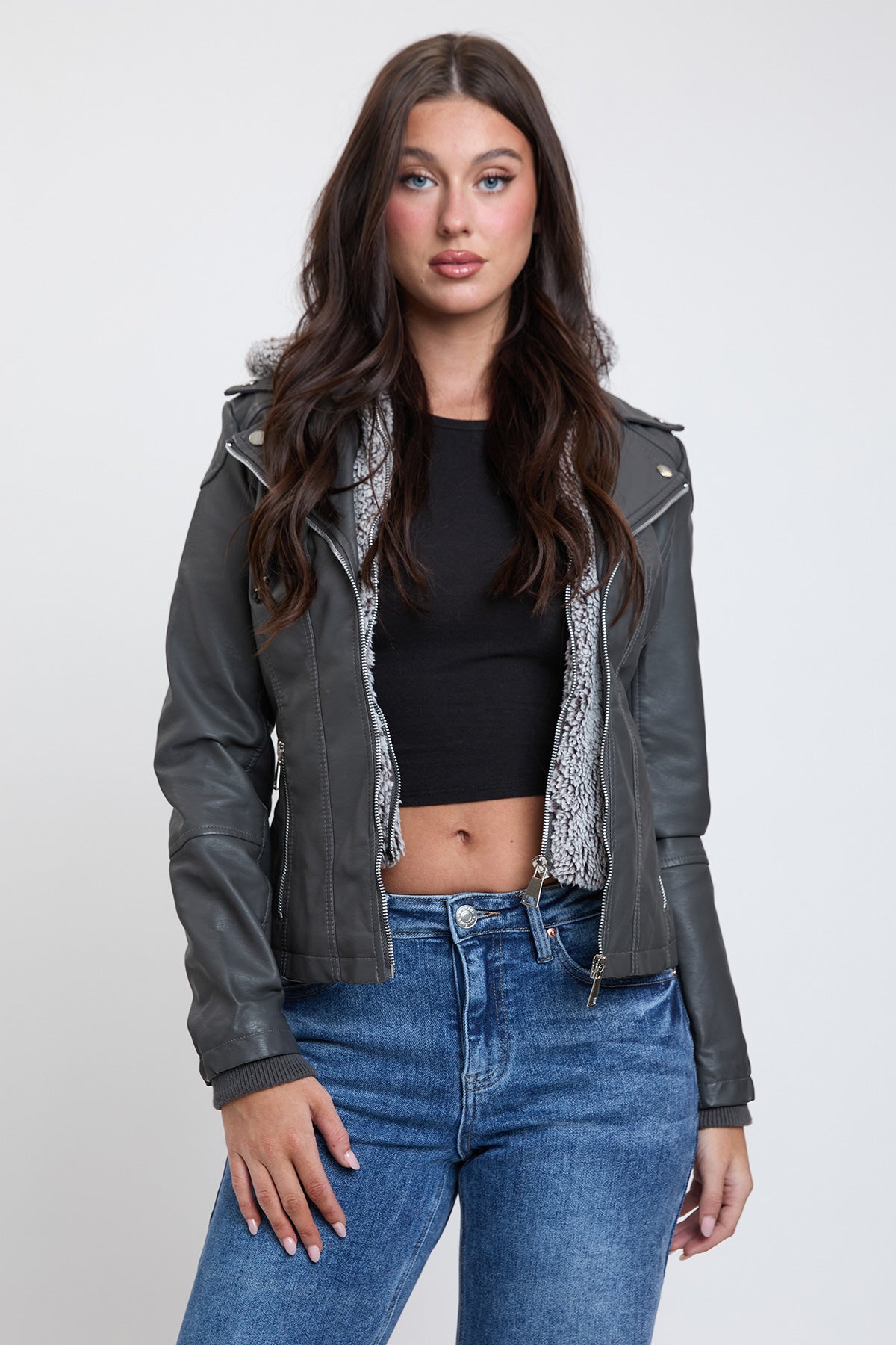 Women's Motto Pleather Jacket with Fur Lining in Charcoal view 3 - Womens Moto Jacket (layer)