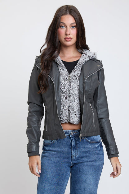 Women's Motto Pleather Jacket with Fur Lining in Charcoal view 4 - Womens Moto Jacket (layer)