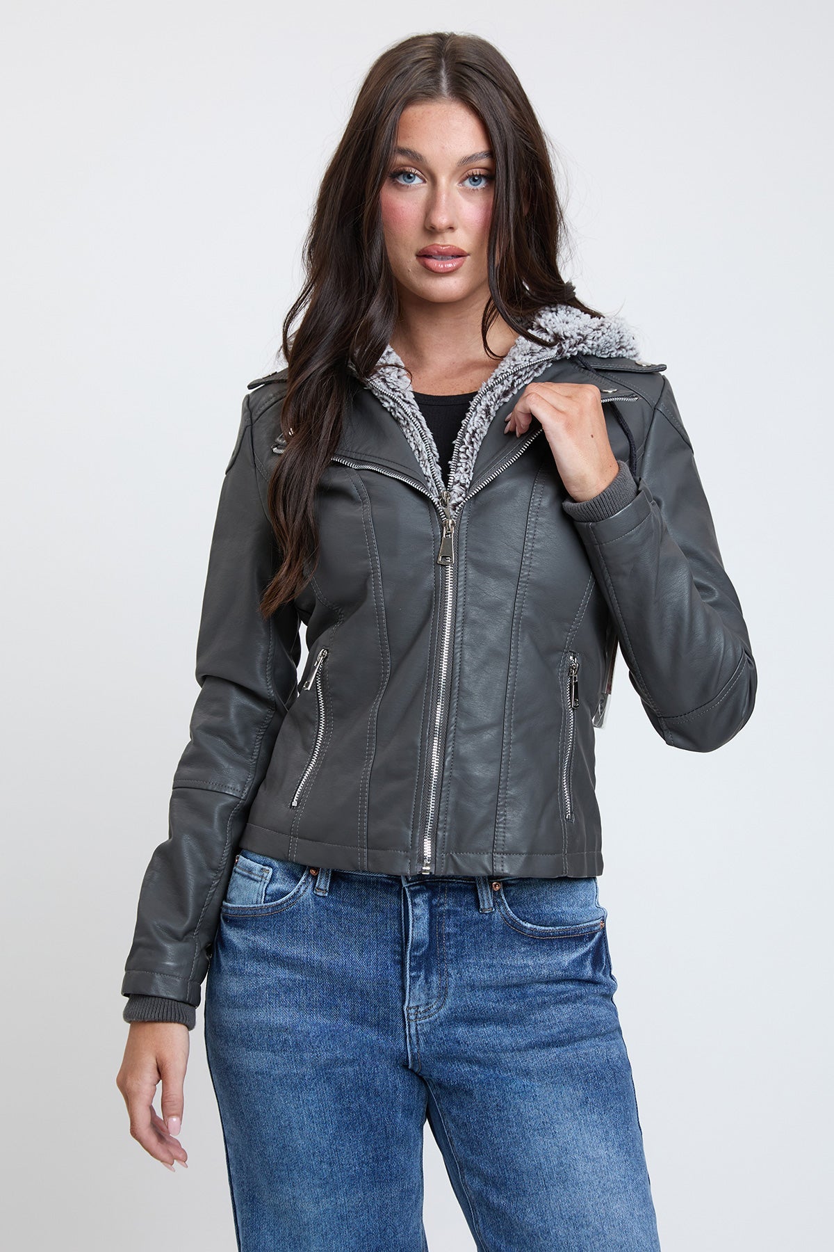 Women's Motto Pleather Jacket with Fur Lining view 5 - Womens Moto Jacket (layer)