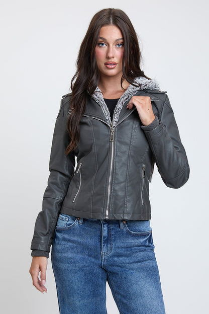Women's Motto Pleather Jacket with Fur Lining view 5 - Womens Moto Jacket (layer)