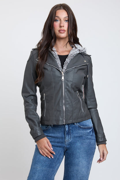 Women's Motto Pleather Jacket with Fur Lining view 6 - Womens Moto Jacket (layer)