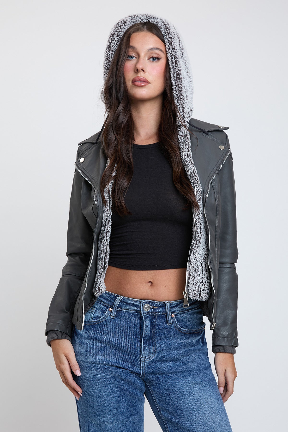 Women's Motto Pleather Jacket with Fur Lining view 8 - Womens Moto Jacket (layer)