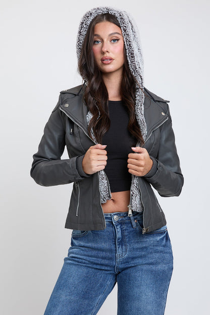 Women's Motto Pleather Jacket with Fur Lining view 9 - Womens Moto Jacket (layer)