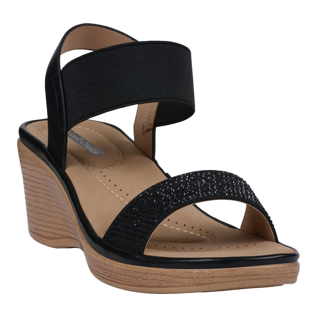 Women's Nia Black Embellished Elastic Wedge Sandals Black (shoe) - womens nike sandals, womens nike san - shop at us.meeeshop