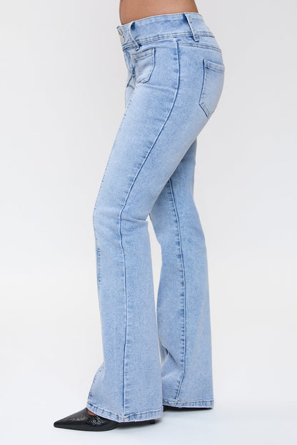 Women's Patch Pocket Flare Jeans in Q Celeste Blue Rips view 3 - Women'S Patched Jeans New Look (bottom)