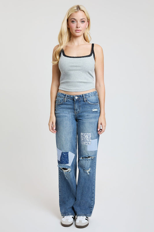 Women's Patchwork Wide Leg Jeans in Y Washed Blue - Casual Office Outfit - Women'S Patchwork Jeans Ralph Lauren