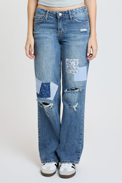 Women's Patchwork Wide Leg Jeans in Y Washed Blue view 3 - Casual Office Outfit - Women'S Patchwork Jeans Ralph Lauren