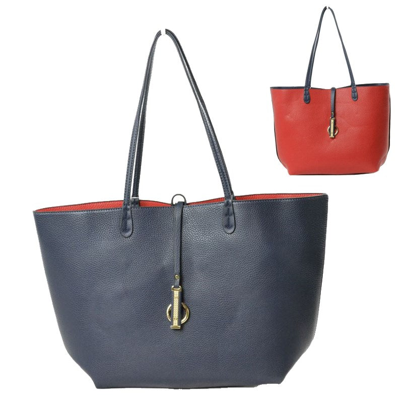 Women's Pebbled Faux Leather Reversible 2 in 1 Tote Shoulder Handbag Crossbody Bag in Navy view 3