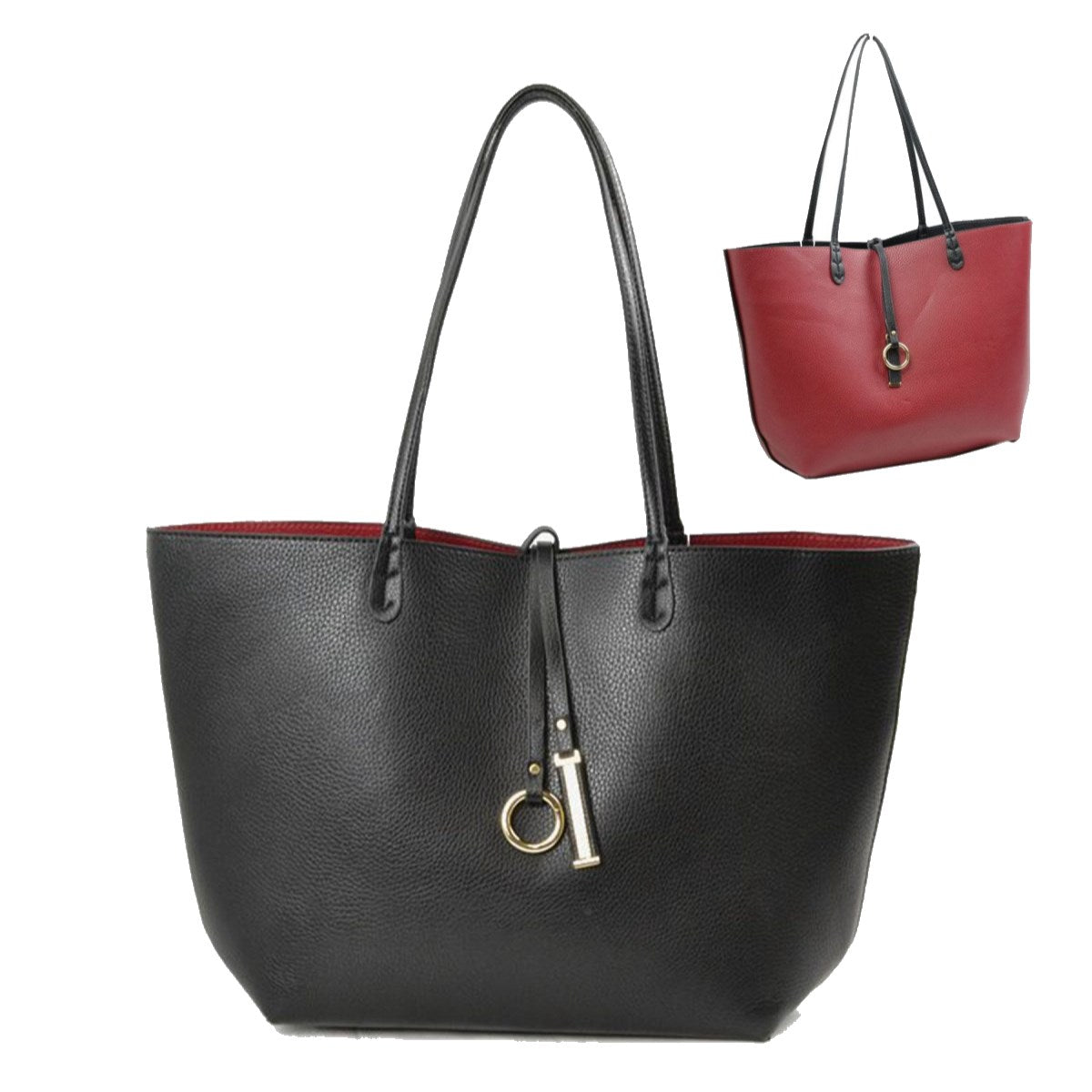 Women's Pebbled Faux Leather Reversible 2 in 1 Tote Shoulder Handbag Crossbody Bag in Red view 5