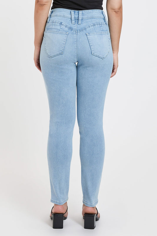 Women's Petite Curve Confidence Mid Rise Skinny in Q Celeste Blue Rips view 2 - Womens Petite Skinny Jeans (bottom)