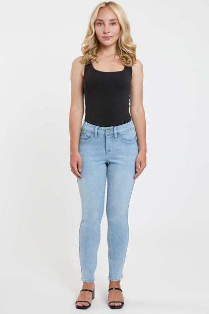 Women's Petite Curve Confidence Mid Rise Skinny in Q Celeste Blue Rips view 3 - Womens Petite Skinny Jeans (bottom)