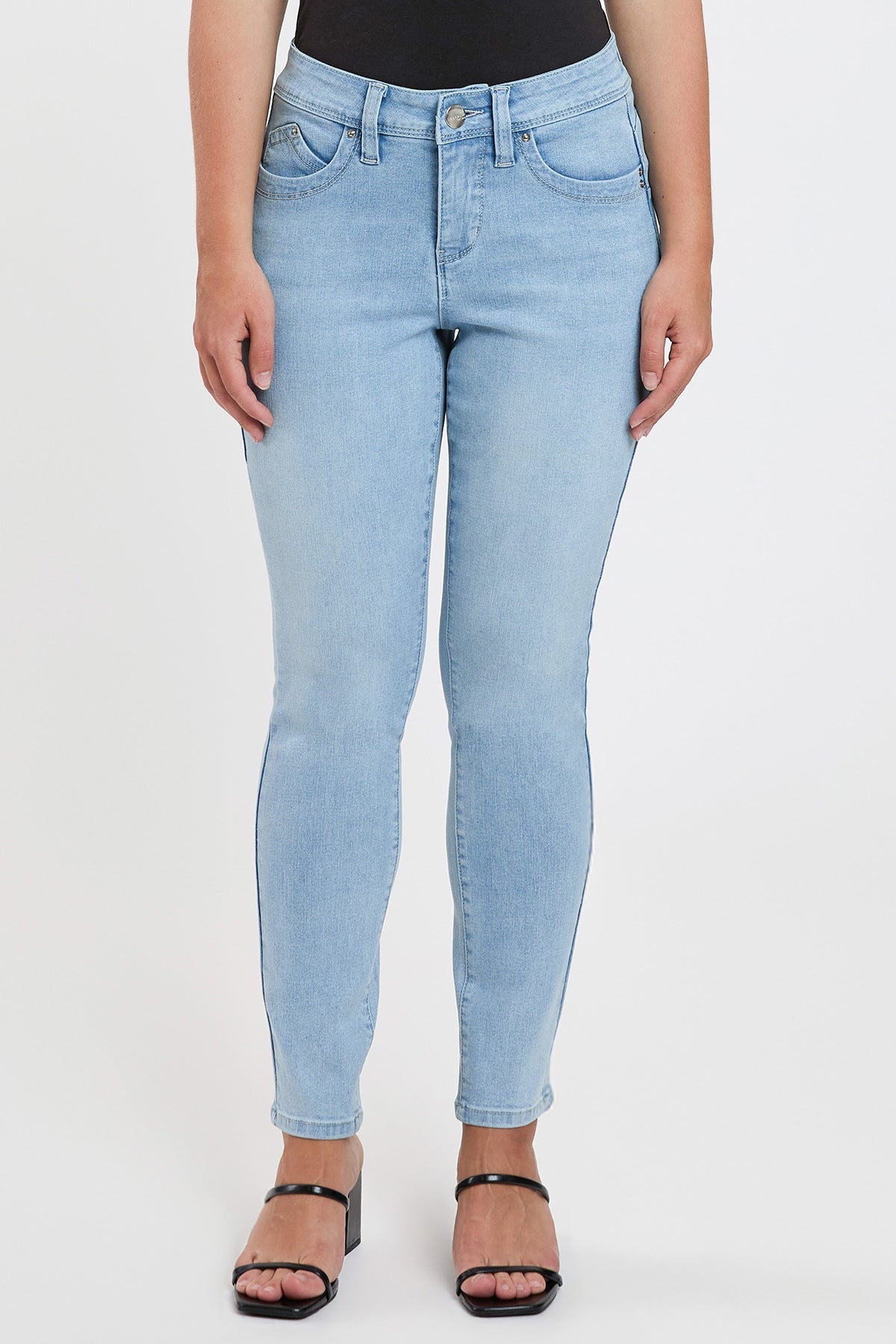 Women's Petite Curve Confidence Mid Rise Skinny in Q Celeste Blue Rips view 4 - Womens Petite Skinny Jeans (bottom)