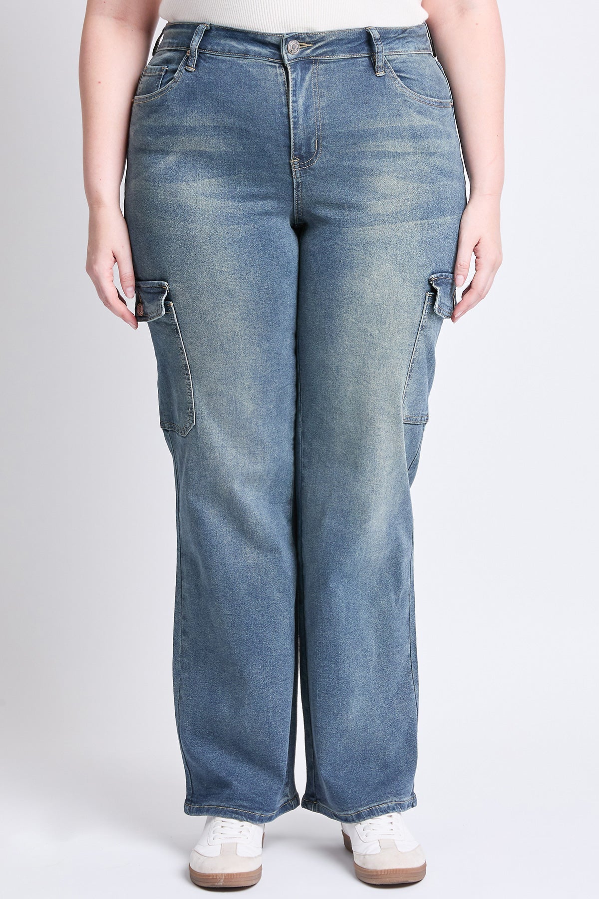 Women's plus High Rise Wide Leg Skater Cargo Jeans in RT Tinted Olympic Blue view 2 - High-Waisted (bottom)