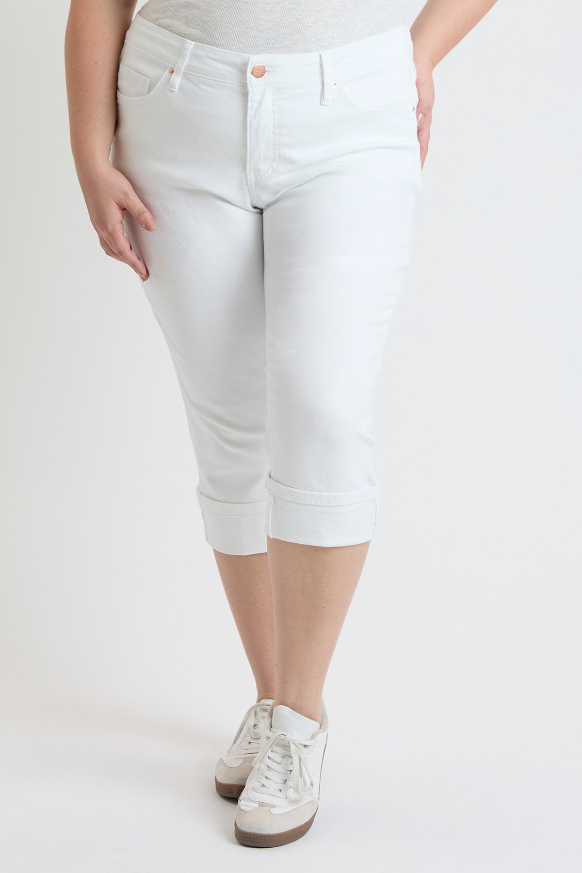 Women's plus Premium Stretch Cuff Essential Capri in K White view 2 - Comfort Stretch - Womens Plus Capris (bottom)