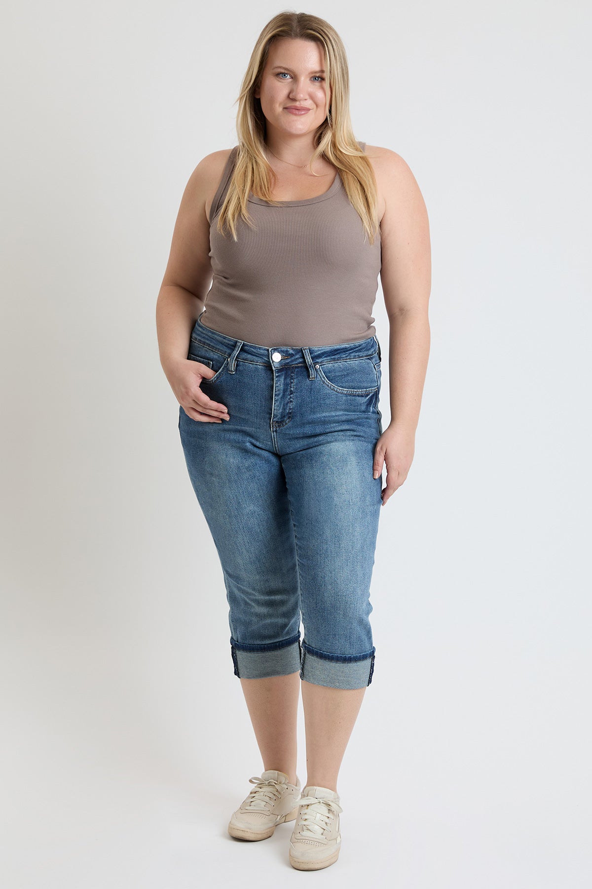 Women's plus Premium Stretch Cuff Essential Capri in T Tinted Blue view 7 - Comfort Stretch - Womens Plus Capris