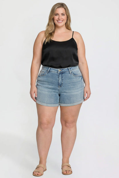 Women's plus Premium Stretch Fold-over Cuff Shorts in T Tinted Blue - Comfort Stretch - Womens Plus Shorts With Pockets