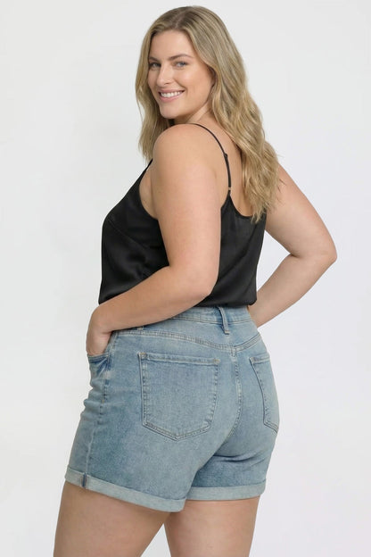 Women's plus Premium Stretch Fold-over Cuff Shorts in T Tinted Blue view 2 - Comfort Stretch (bottom)