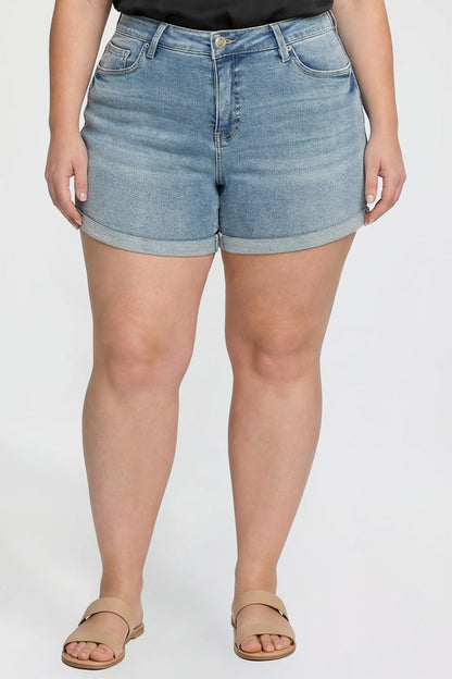 Women's plus Premium Stretch Fold-over Cuff Shorts in T Tinted Blue view 3 - Comfort Stretch (bottom)