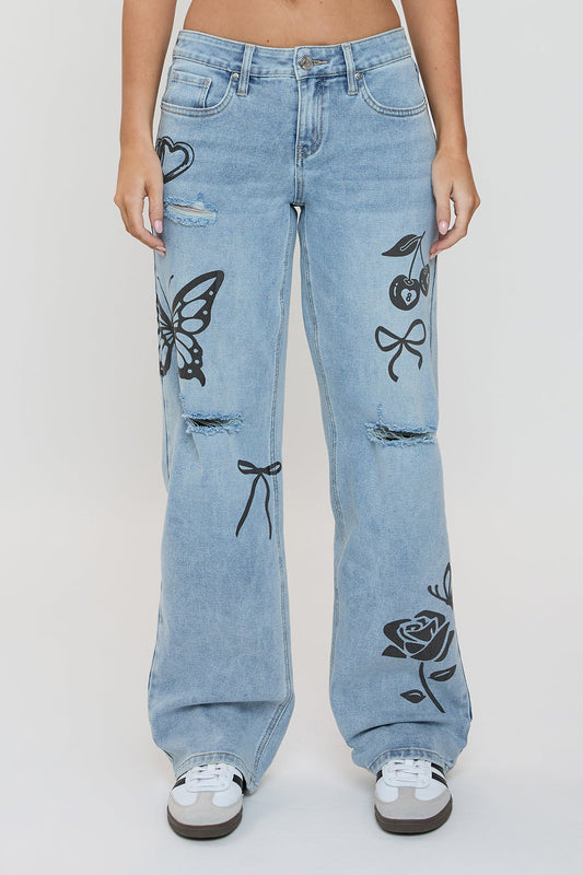 Women's Printed Wide Leg Jeans in L Light Blue Rips view 2 - Women Printed Jeans Myntra (bottom)