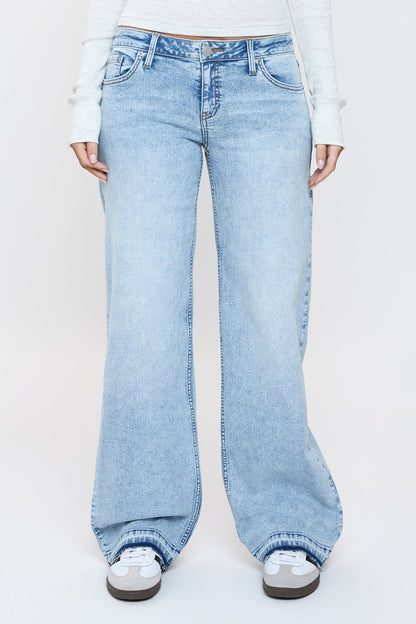 Women's Release Hem Wide Leg Jeans in Q Celeste Blue Rips view 2 (bottom)