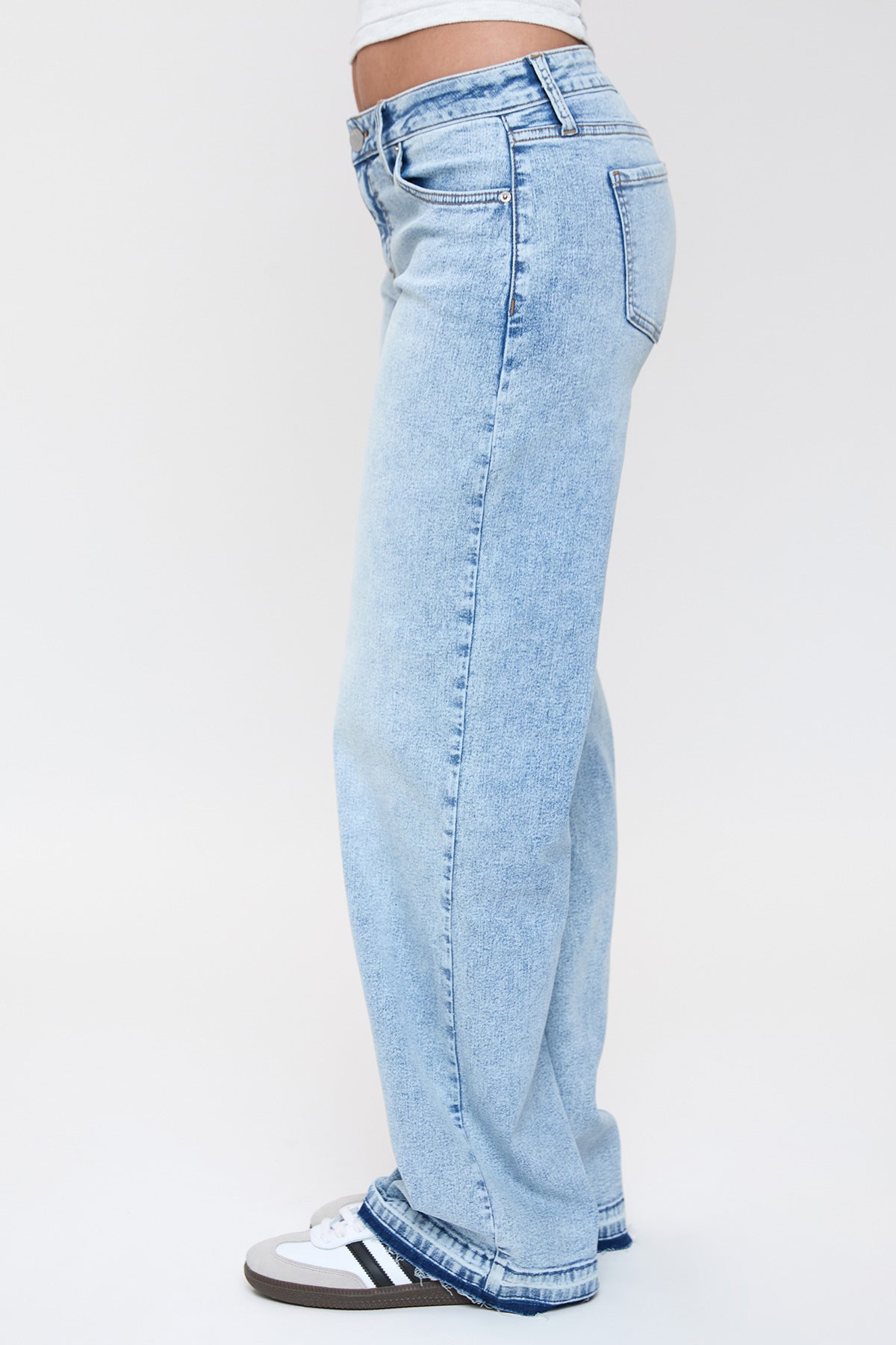 Women's Release Hem Wide Leg Jeans in Q Celeste Blue Rips view 3 (bottom)