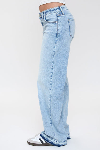Women's Release Hem Wide Leg Jeans in Q Celeste Blue Rips view 3 (bottom)