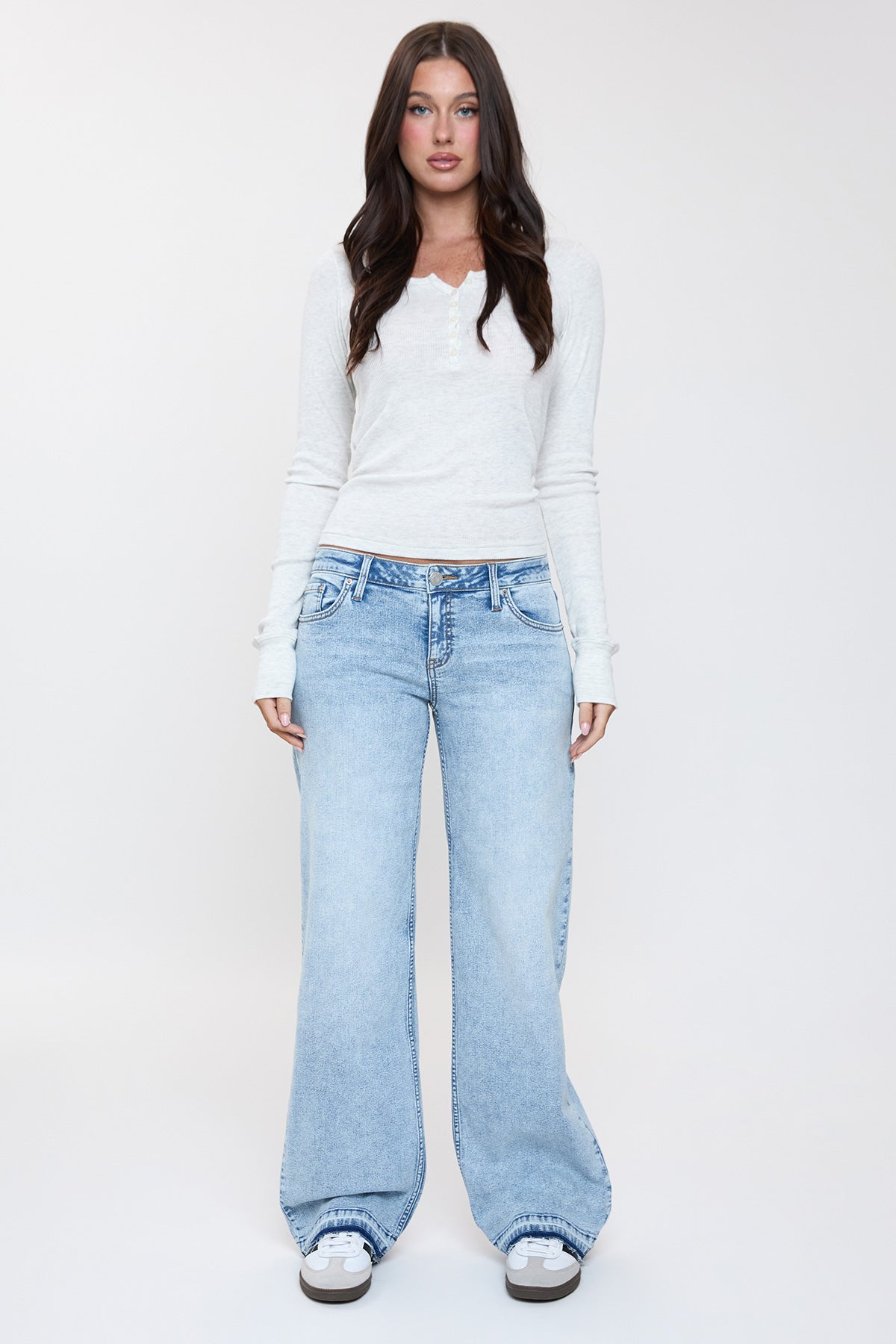 Women's Release Hem Wide Leg Jeans in Q Celeste Blue Rips view 5 (bottom)