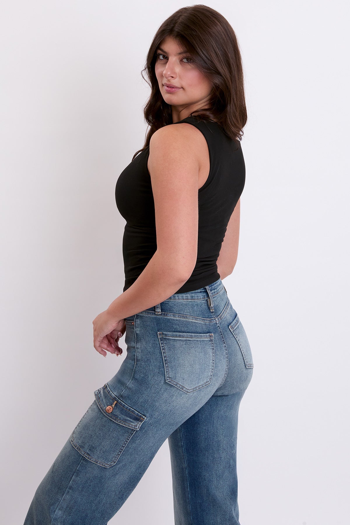 Women's Skater Cargo Wide Leg Jeans Denim in T Tinted Blue view 12 - Womens Skater Jeans Bershka (bottom)