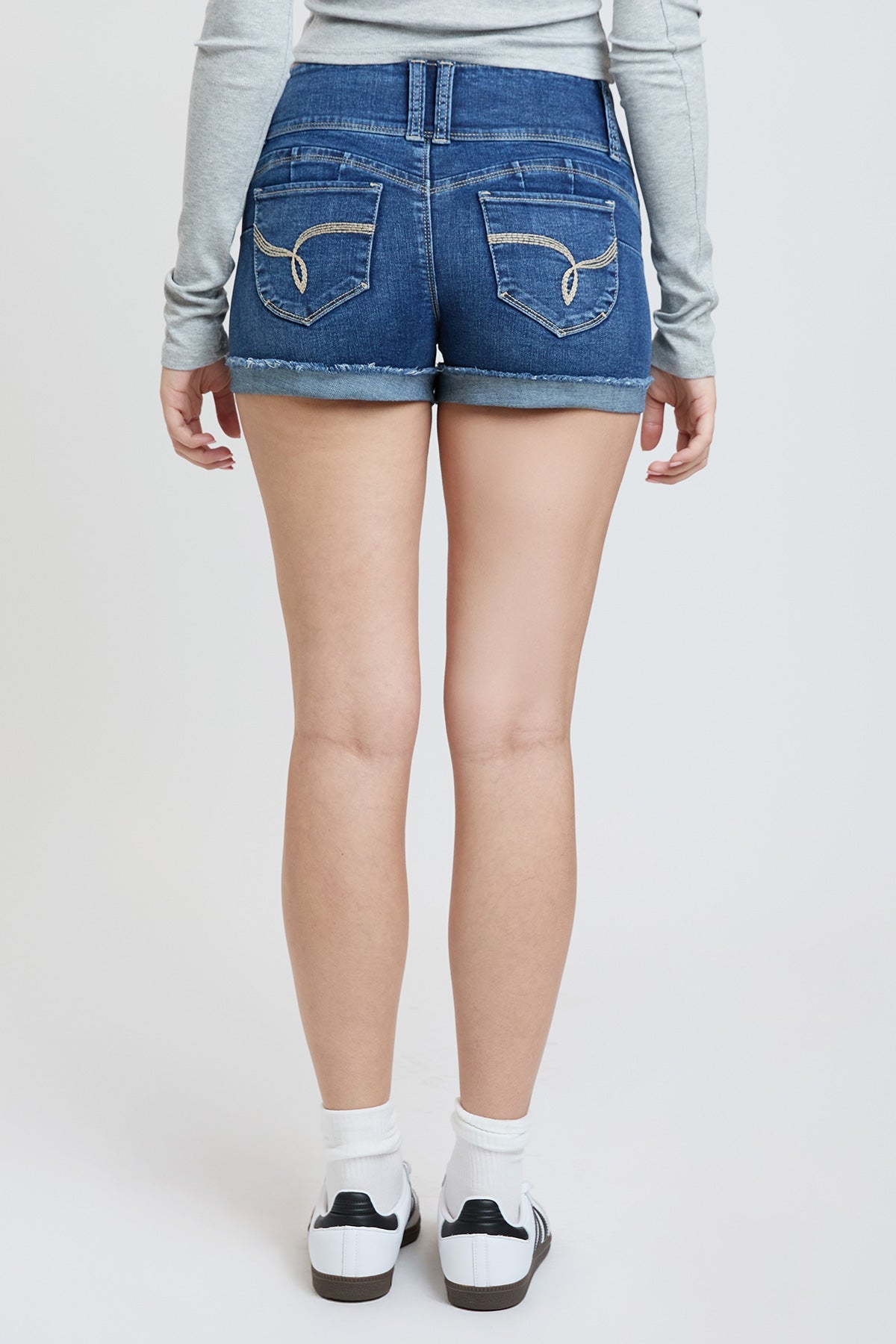 Women’s Wannabettabutt 3 Button Cuffed Denim Shorts in N Indigo Blue view 11 (bottom)