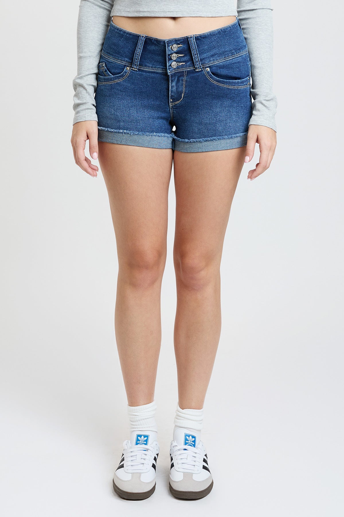 Women’s Wannabettabutt 3 Button Cuffed Denim Shorts in N Indigo Blue view 12 (bottom)