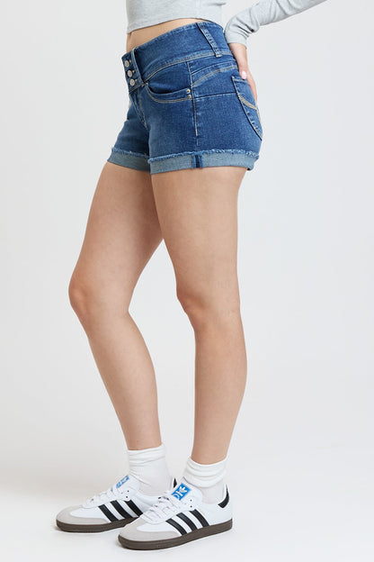 Women’s Wannabettabutt 3 Button Cuffed Denim Shorts in N Indigo Blue view 13 (bottom)