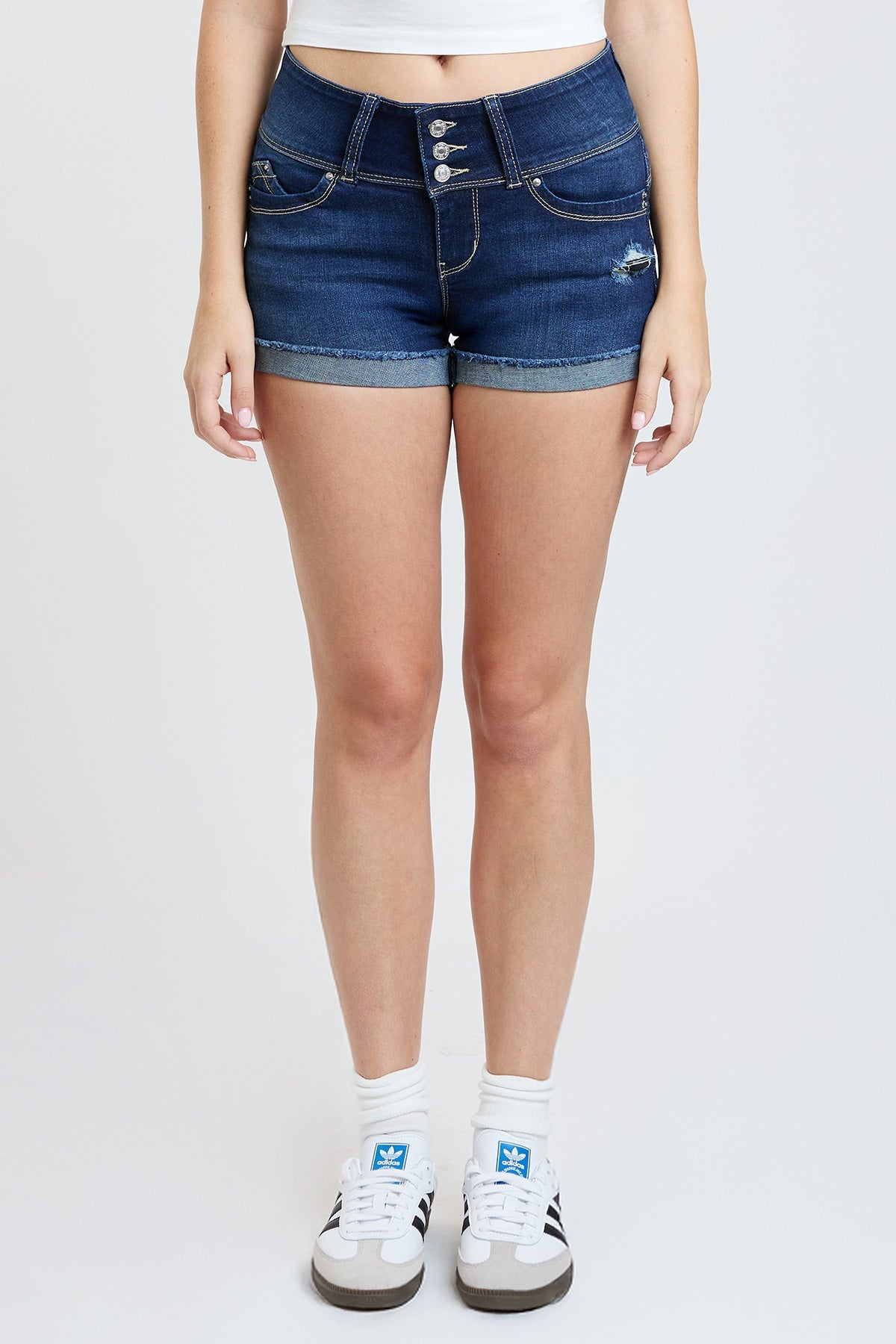 Women’s Wannabettabutt 3 Button Cuffed Denim Shorts in S Midnight Sky Blue Rips view 21 (bottom)