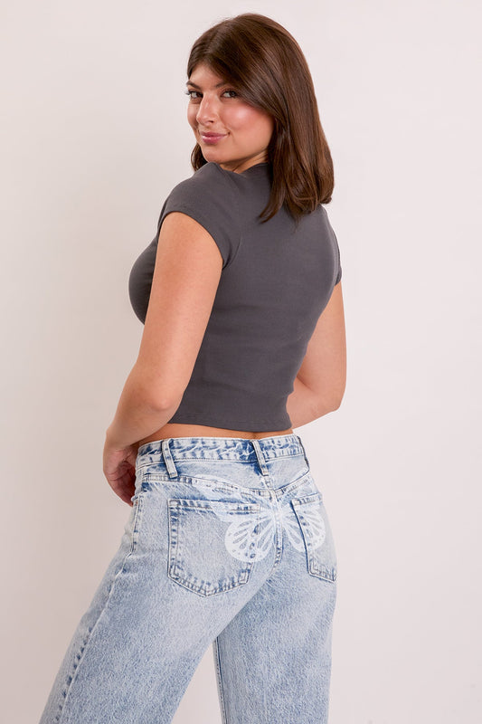 Women's Wide Leg with Butterfly Print in Q Celeste Blue view 2 - Womens Printed Wide Leg Pants (bottom)