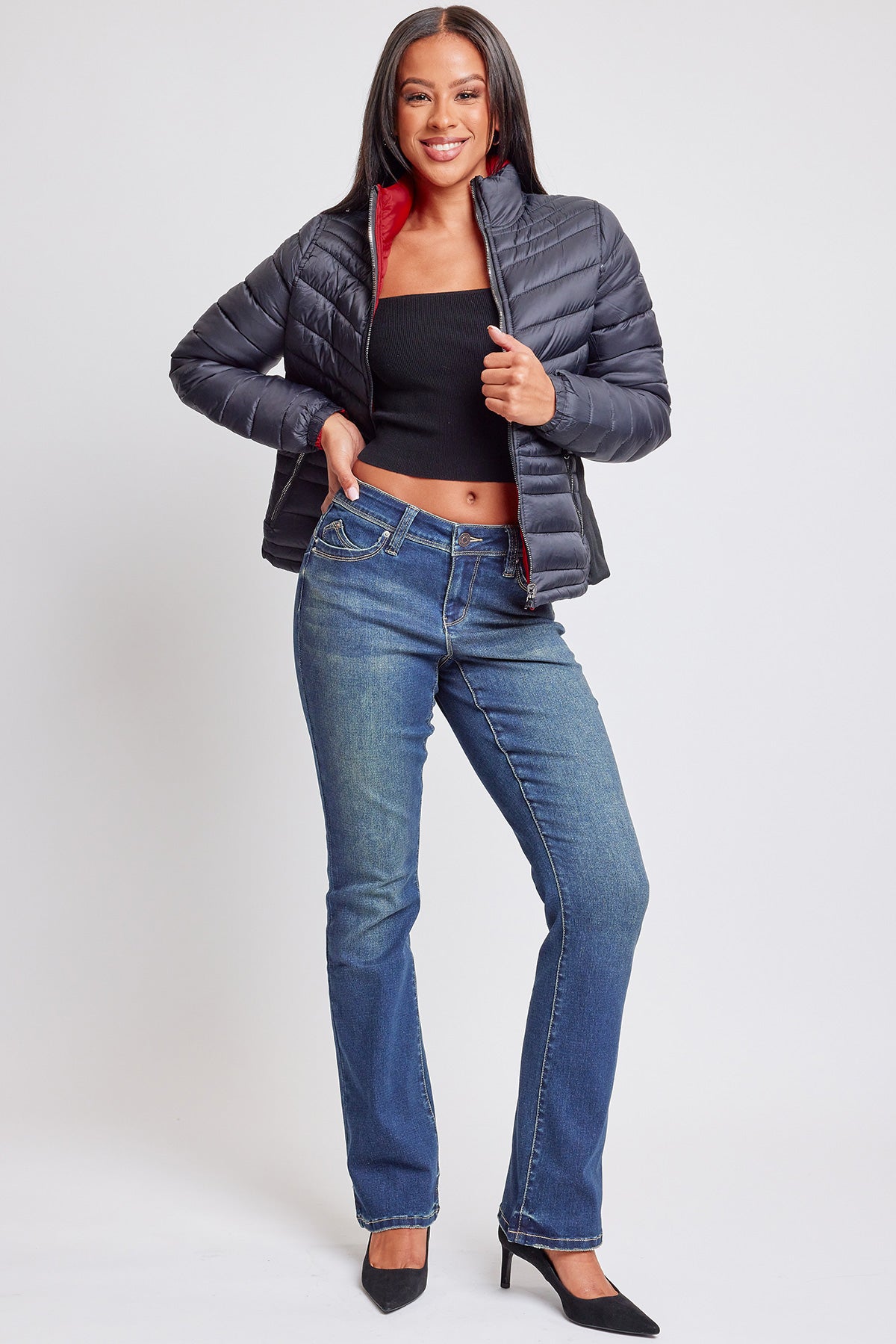 Women's Winter Reversible Fitted Puffer Jacket in Black/Red - Fall Wardrobe Essential - Womens Winter Jacket Sale