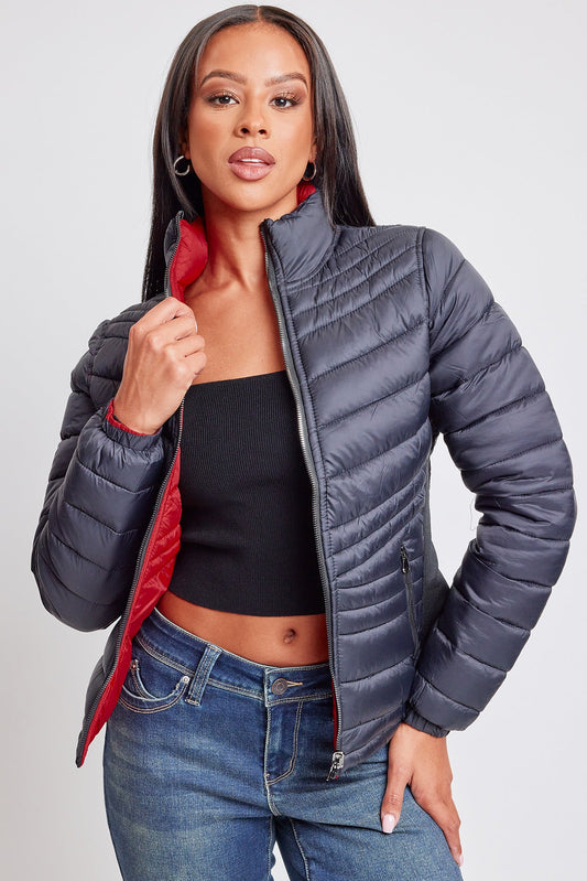 Women's Winter Reversible Fitted Puffer Jacket in Black/Red view 2 - Fall Wardrobe Essential - Womens Winter Jacket Sale