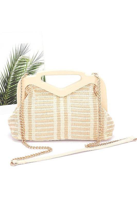 Wooden Frame Faux Straw Top Handle Clutch - us.meeeshop