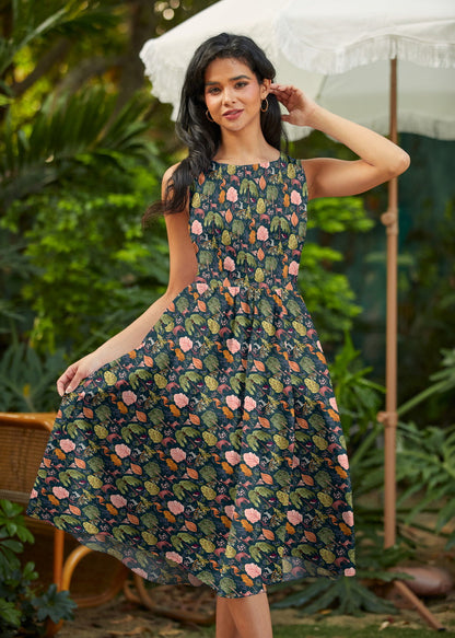 Woodland Midi Dress in Navy in XS - Woodland Bloom Midi Dress