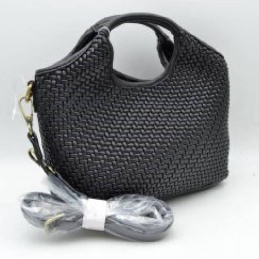 Woven Basket Weave Top-handle Crossbody Bag and Handbag with Adjustable Strap in Black - Woven Basket Top View