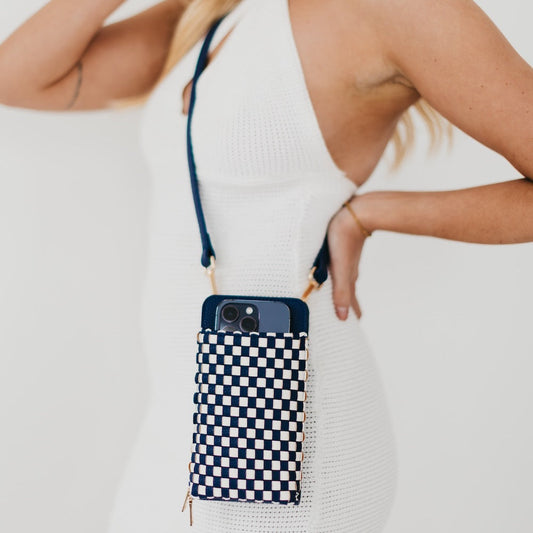 Woven Double Duty Phone Bag in Woven Checkered Coffee - Woven Bag Double Strap