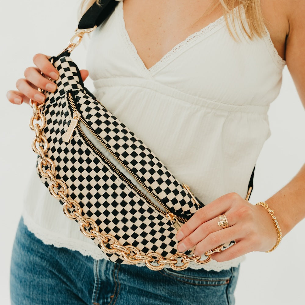 Woven Susie Sidekick Bum Bag in Checkered Coffee view 3 - Susie Woven Bum Bag