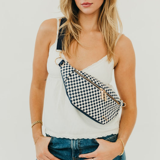 Woven Susie Sidekick Bum Bag in Woven Checkered Navy - Susie Woven Bum Bag