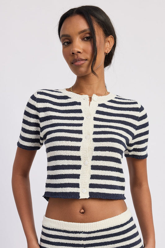Wrenley Button up Top in Ivory Navy Stripe - Button Top