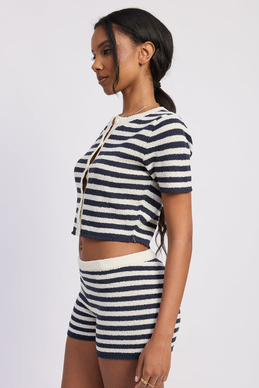 Wrenley Button up Top in Ivory Navy Stripe view 2 - Button Top
