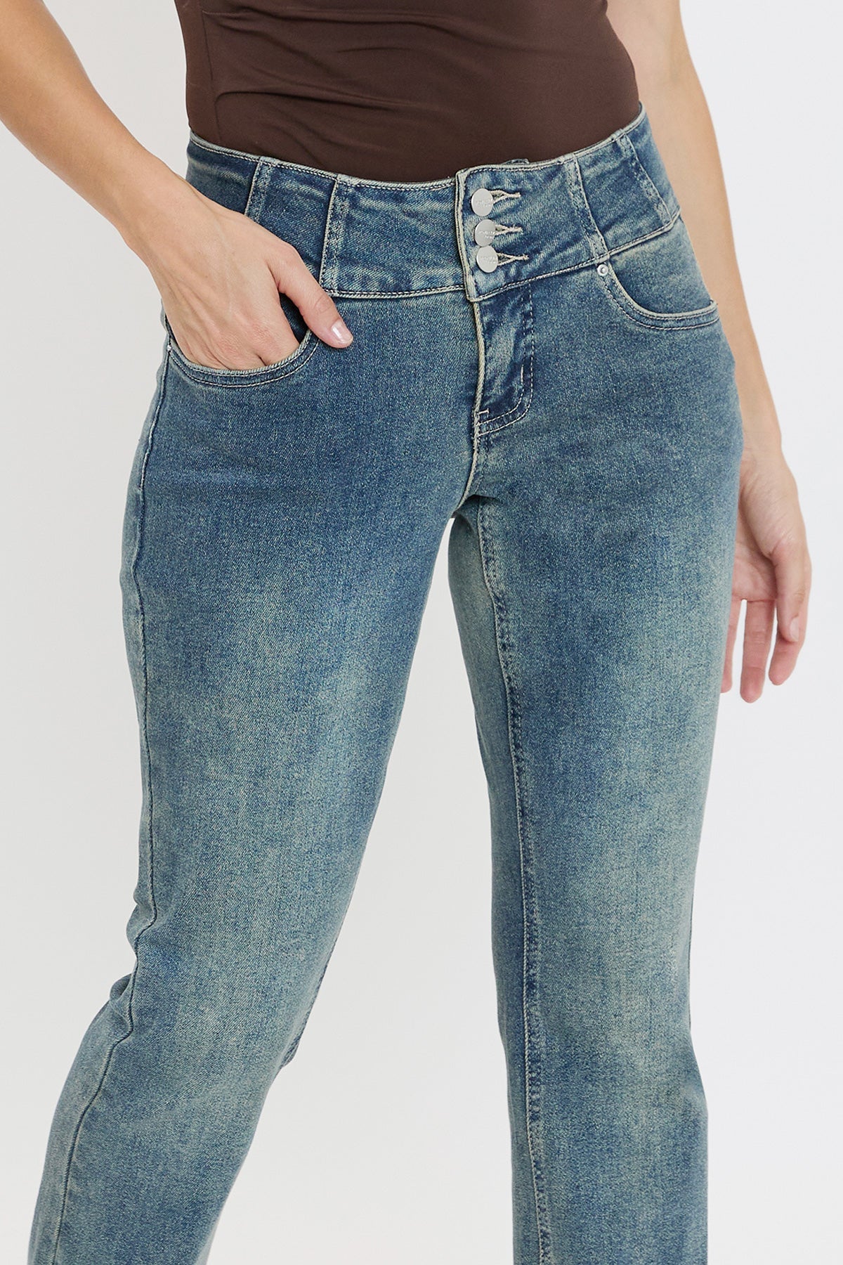 Ymi Women's 3-button Premium Stretch Bootcut Jeans in S Midnight Sky Blue view 8 - Comfort Stretch - Ymi Womens Pants