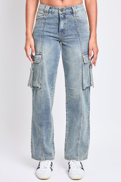Ymi Women's Adjustable Waist Cargo Straight Jeans in RBT Tinted Olympic Blue view 2 - Women'S Adjustable Jeans Button
