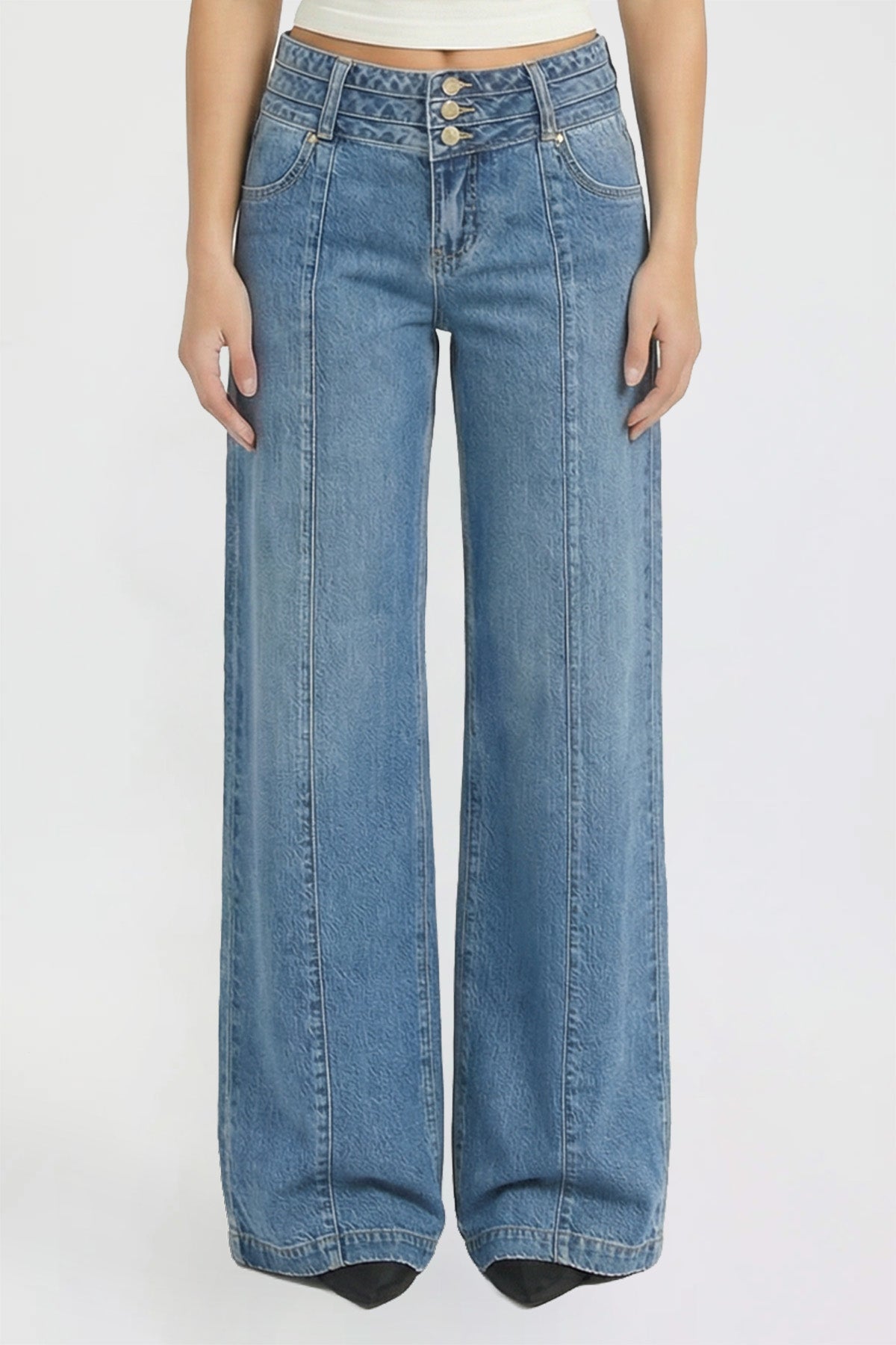 Ymi Women's Bella Triple Waistband Wide Leg Jeans in M Medium Blue view 2 - Women'S Bella Jeans (bottom)