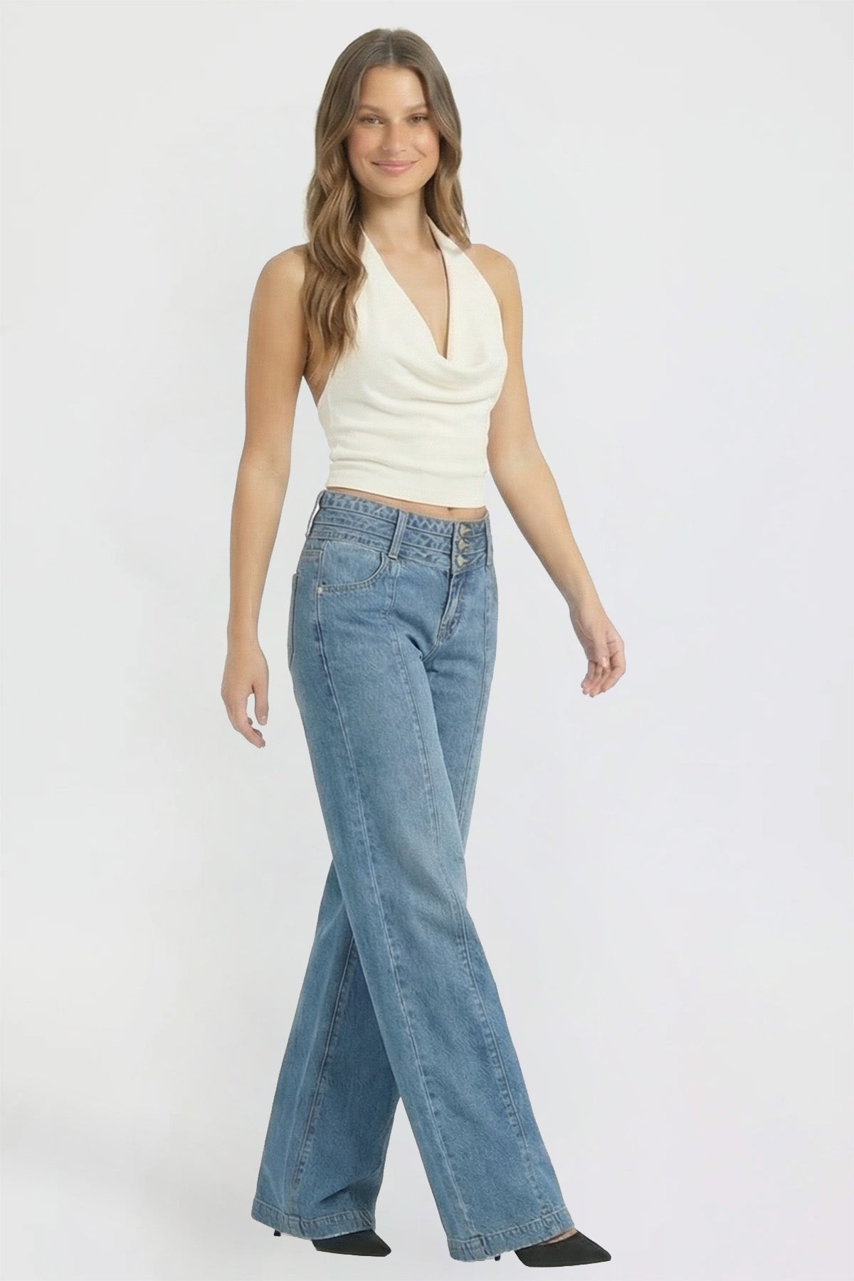 Ymi Women's Bella Triple Waistband Wide Leg Jeans in M Medium Blue view 7 - Women'S Bella Jeans (bottom)