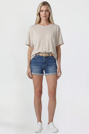 Ymi Women's Belted Premium Stretch Fold-over Cuff Shorts in N Indigo Blue - Comfort Stretch - Womens Belted Pants