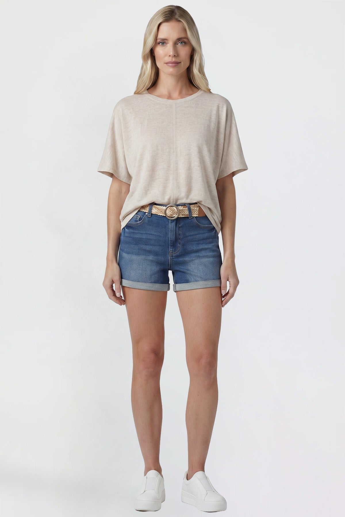 Ymi Women's Belted Premium Stretch Fold-over Cuff Shorts in N Indigo Blue - Comfort Stretch - Womens Belted Pants